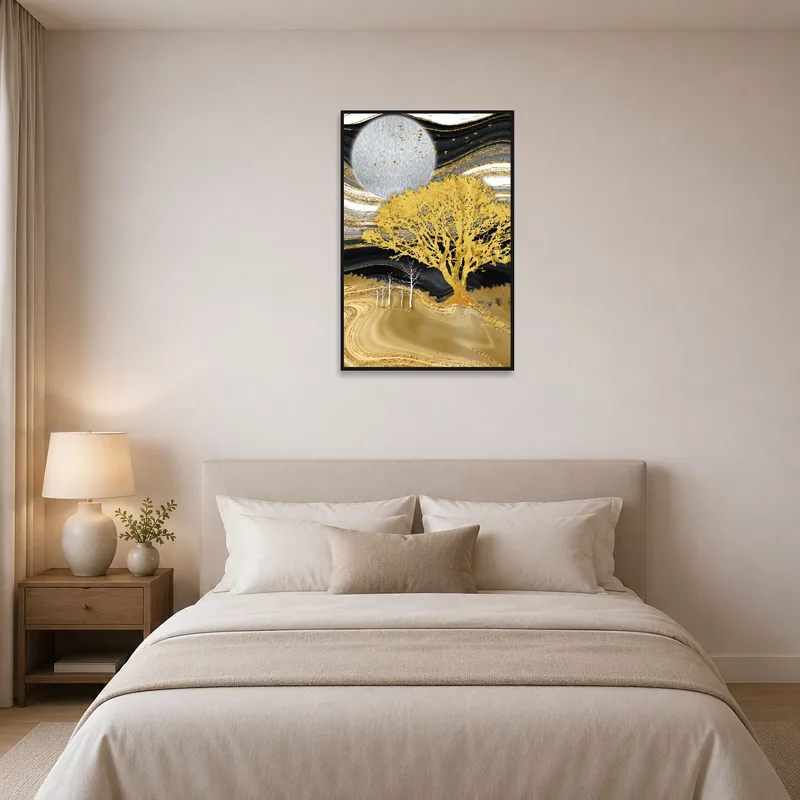 Serene golden tree art complementing a peaceful bedroom.