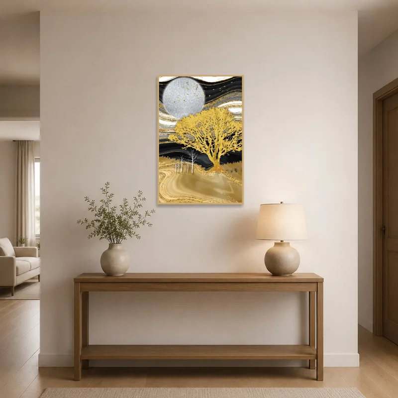 Ethereal tree artwork greeting guests in an entrance hall.