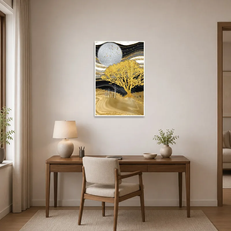 Inspiring artwork of a golden tree in a sleek home office.