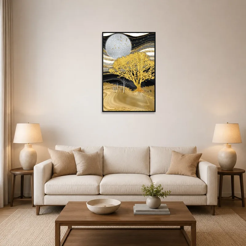 Golden tree under a silver moon hanging above a cozy living room sofa.