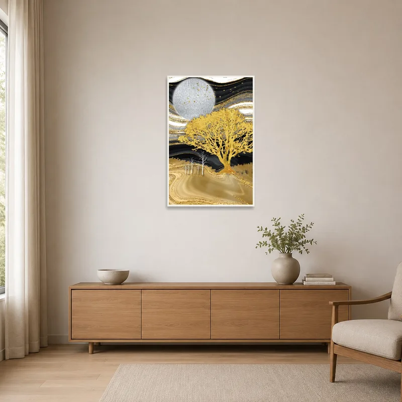 Golden and silver tree art piece enhancing a minimalist space.