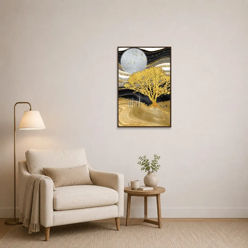 Tranquil tree scene adding charm to a reading corner.