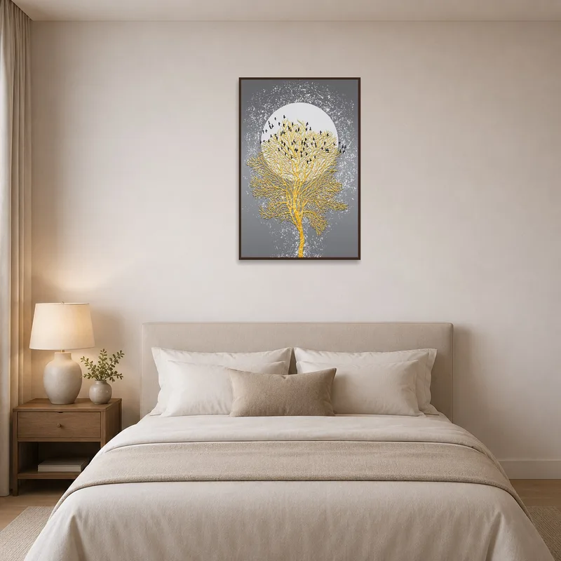 Golden tree and birds art piece infusing serenity into a bedroom.