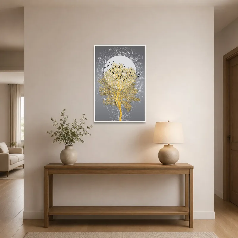 Golden tree and birds piece gracing an entrance hall wall.