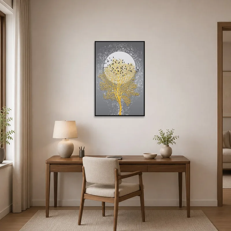 Golden tree with birds art enhancing a productive home office space.