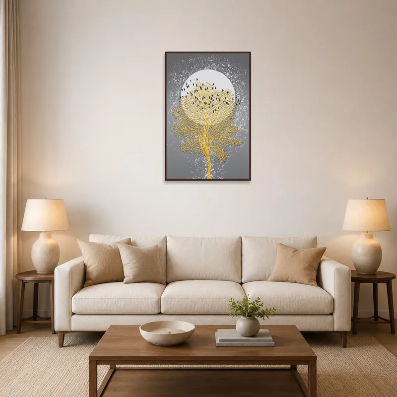 Golden tree with birds art on a living room wall over a modern sofa.