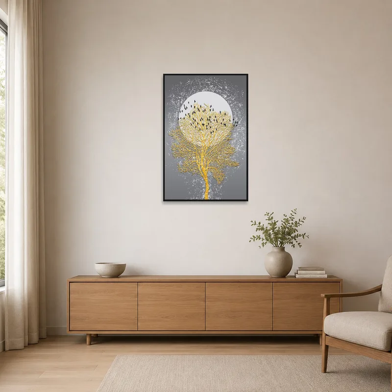 Art of a golden tree and birds adding warmth to a minimalist space.