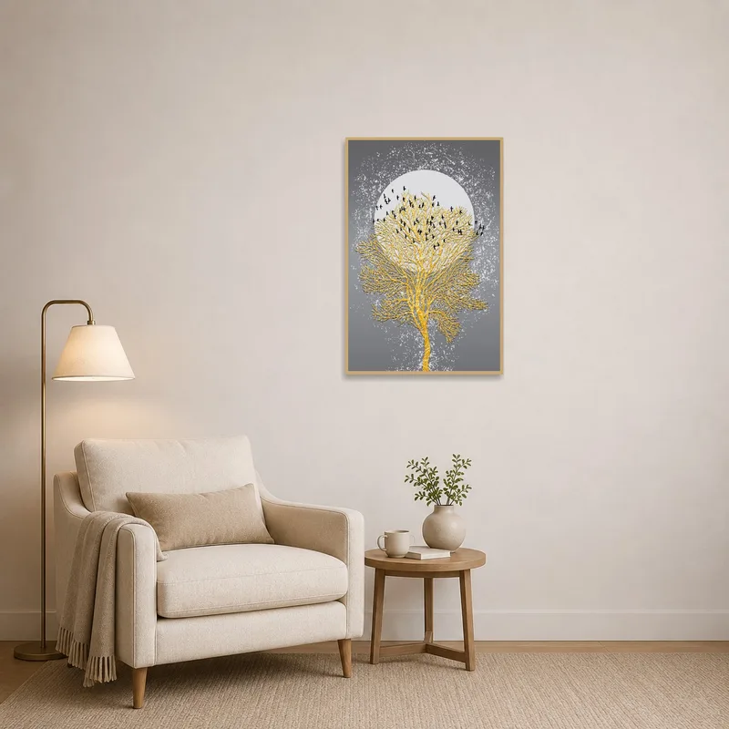 Golden tree under moonlight offering tranquility in a reading corner.