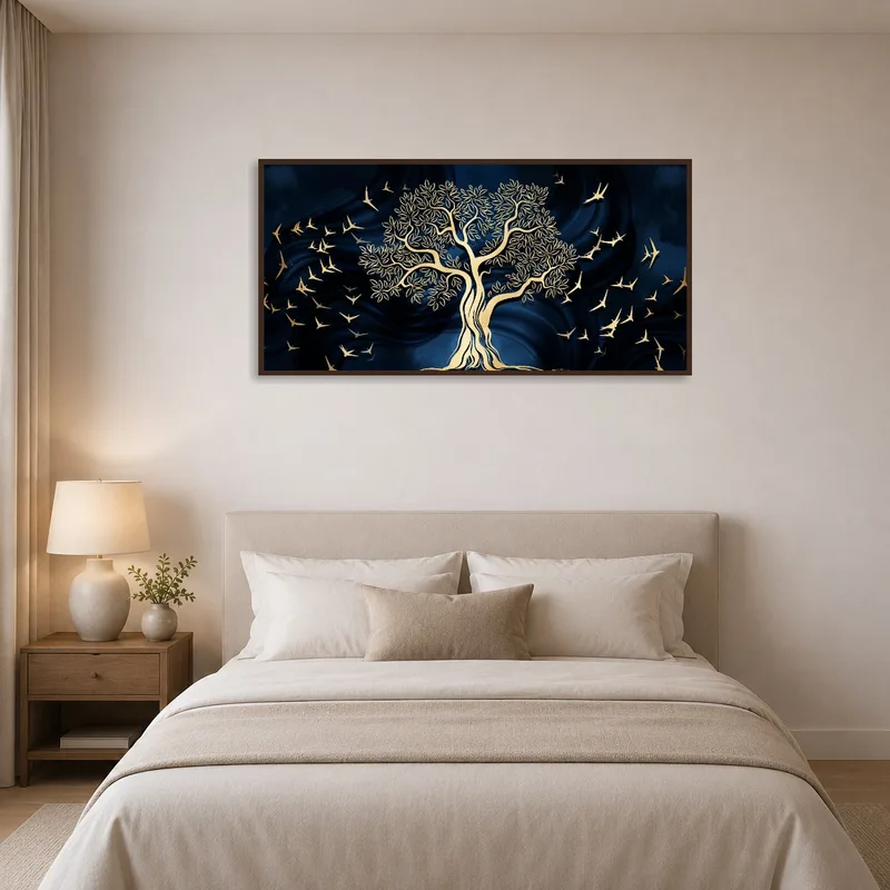 Golden tree with birds adding a touch of elegance to a peaceful bedroom on a blue backdrop.