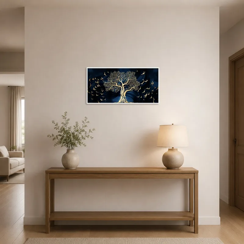 Golden tree and birds artwork adding elegance to an entrance hall with a deep blue pop.