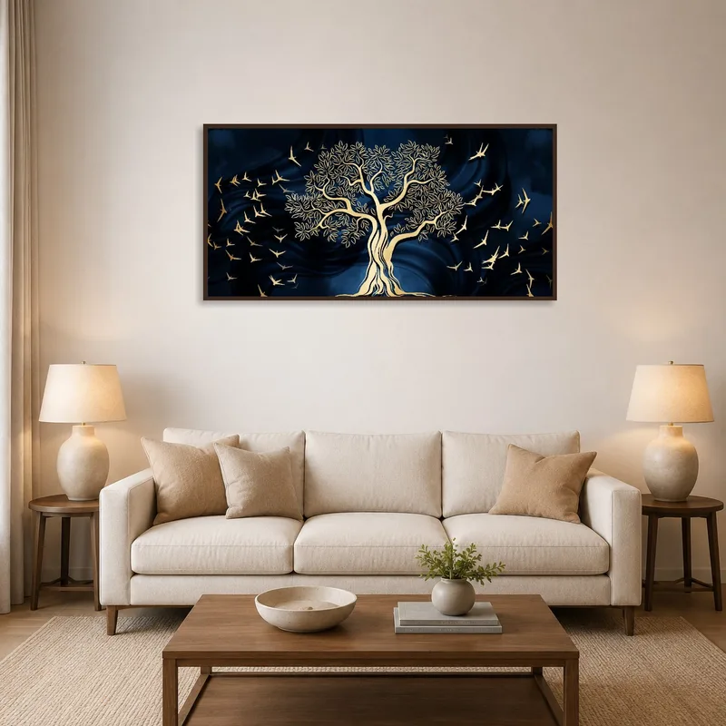 Golden tree with birds artwork against a deep blue background in a cozy living room setting.