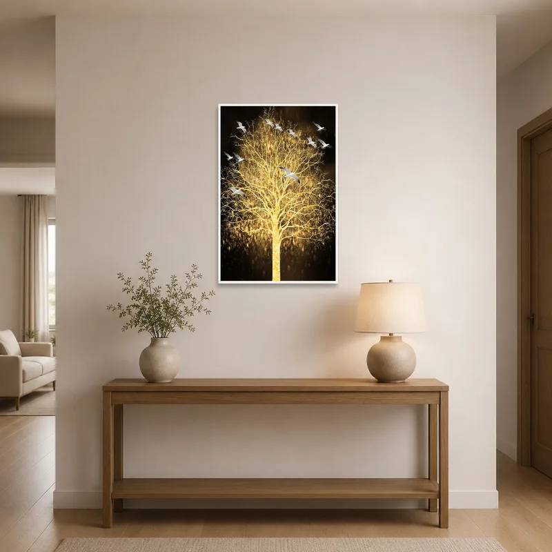 Golden Tree with Birds art greeting guests in a stylish entrance hall.