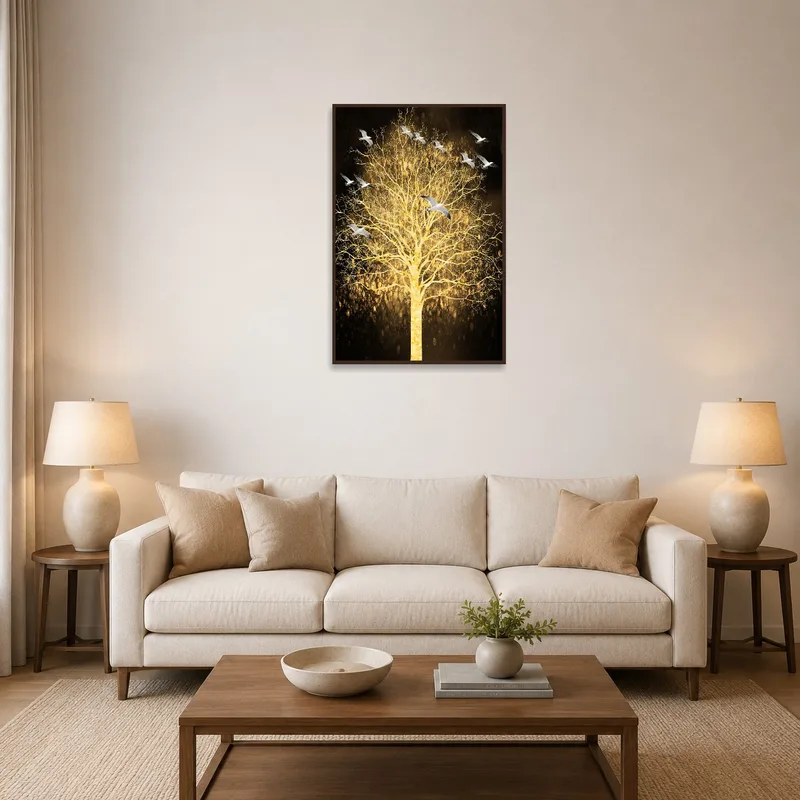 Golden Tree with Birds art above a modern sofa in the living room.