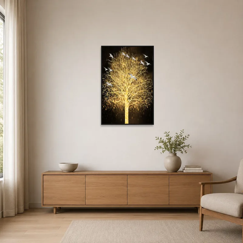 Golden Tree with Birds art on a clean, white wall in a minimalist space.