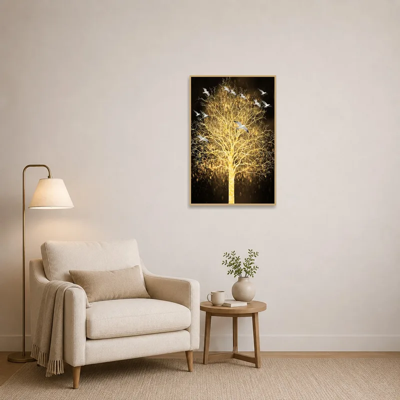 Golden Tree with Birds art next to a cozy reading chair.