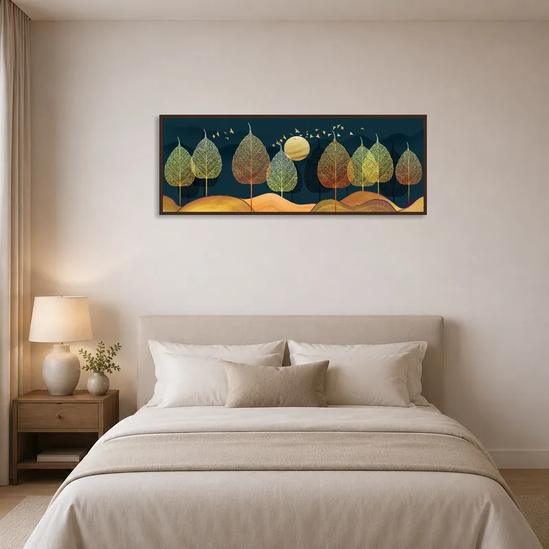 Bedroom featuring 'Golden Trees Under a Harvest Moon', creating a calming atmosphere.