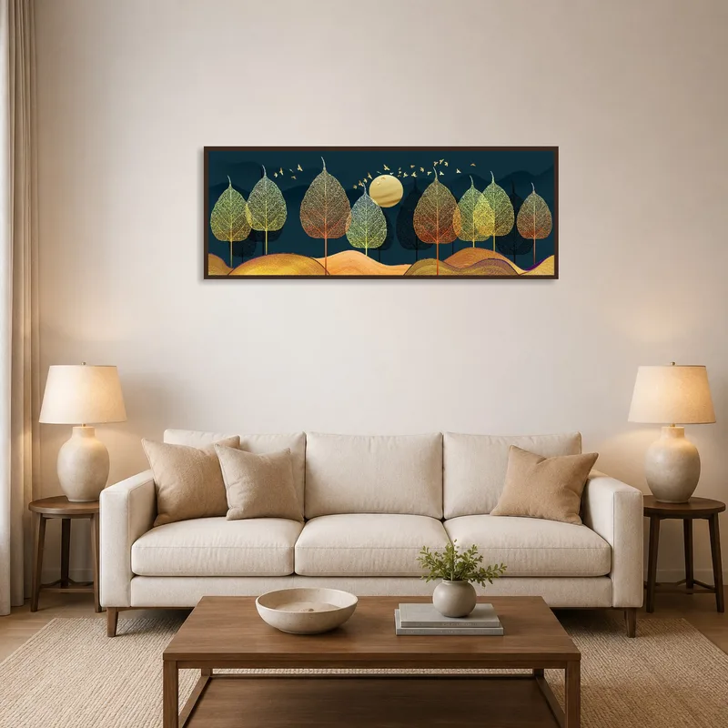 A serene living room with 'Golden Trees Under a Harvest Moon' as the focal wall piece.
