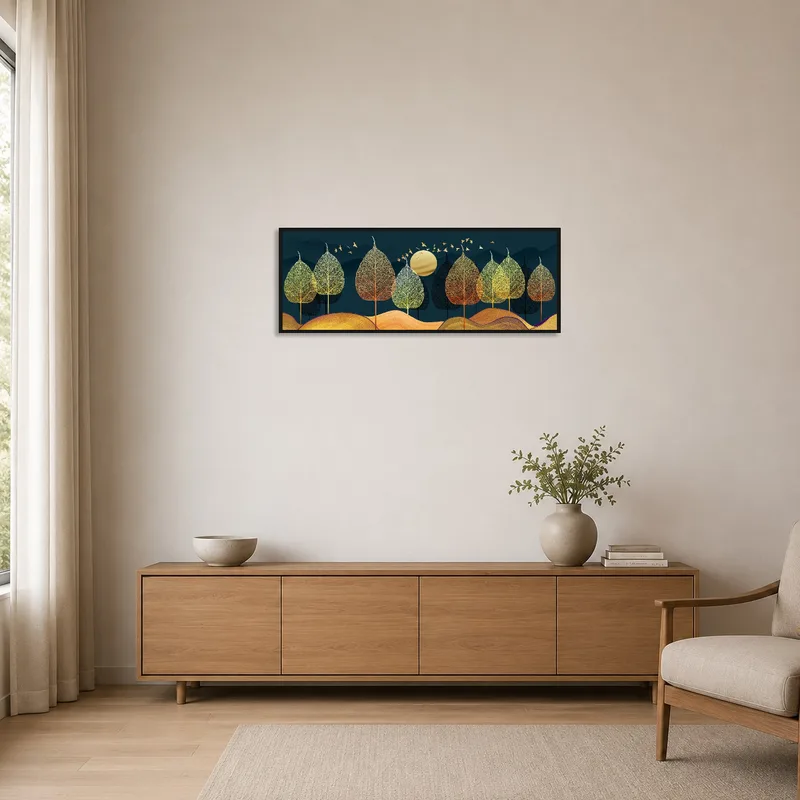 A minimalist space highlighted by the 'Golden Trees Under a Harvest Moon' artwork.