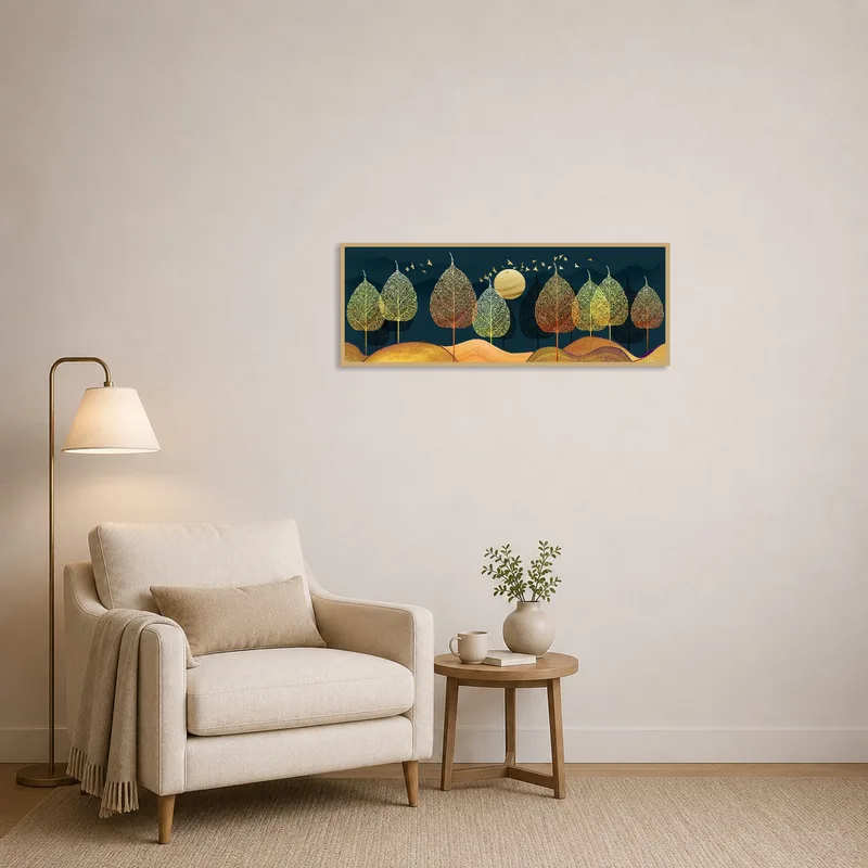 Cozy reading corner with 'Golden Trees Under a Harvest Moon' enhancing the tranquil vibe.