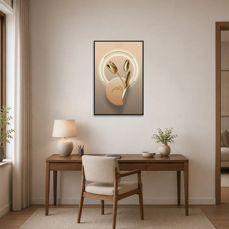 Golden Tulips art inspiring productivity in the home office.