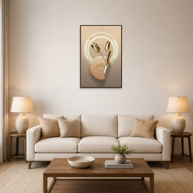 Golden Tulips art above a modern sofa in the living room.
