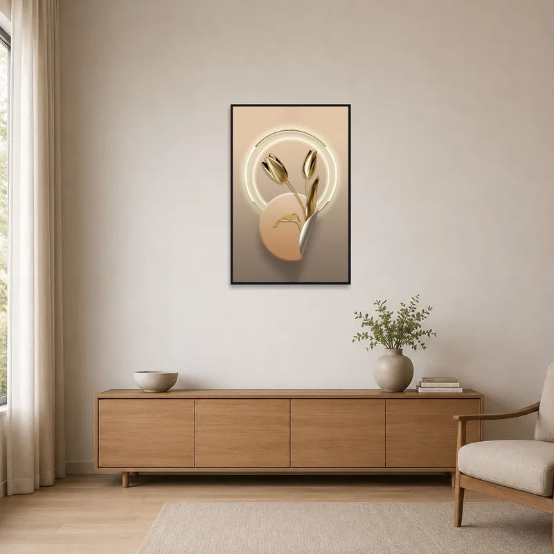 Golden Tulips print on a simple white wall in a minimalist space.