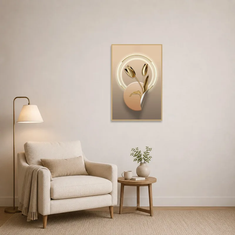Peaceful reading corner with a Golden Tulips piece on the wall.