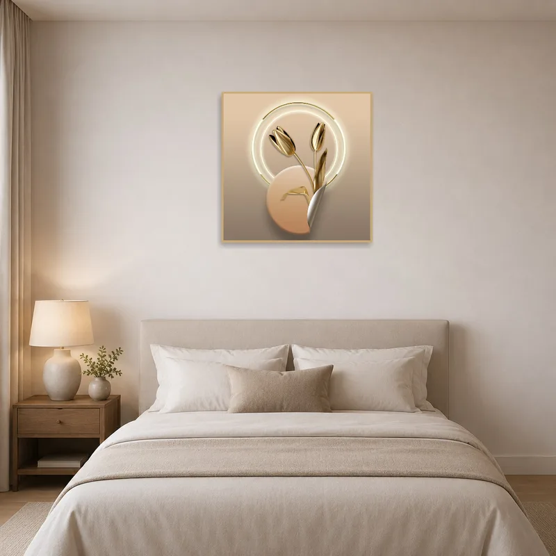 Golden tulips bring elegance to a bedroom's restful atmosphere.