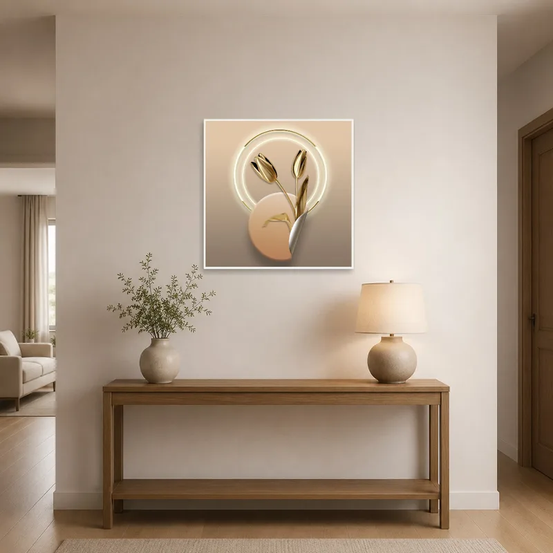 Golden tulips piece elevates a welcoming entrance hallway.