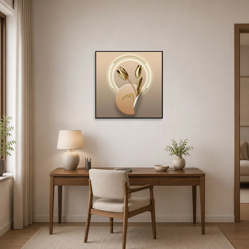 Golden tulips bring inspiration to a home office workspace.