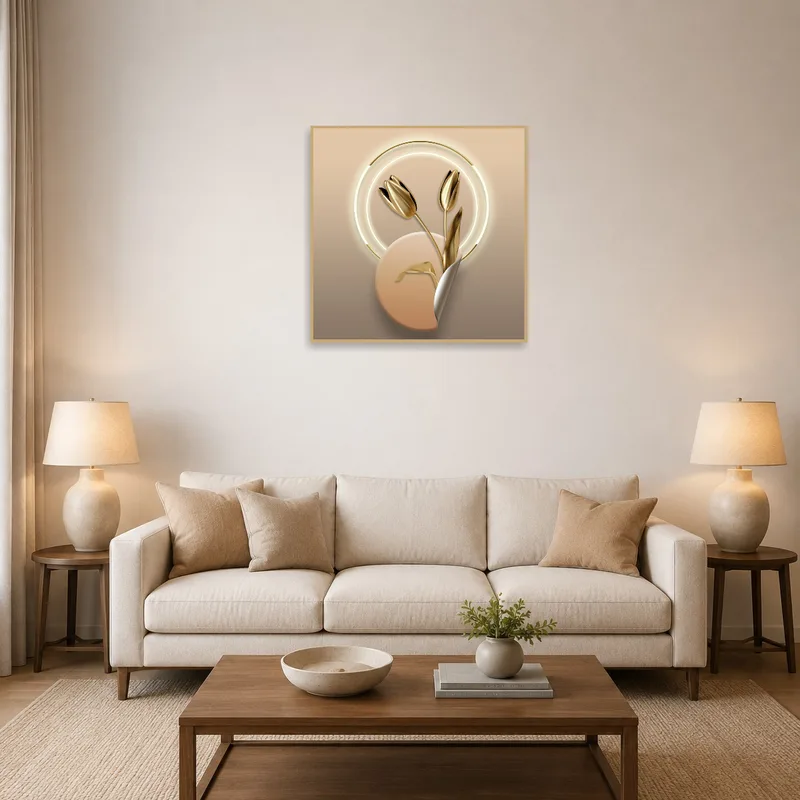 Golden tulips artwork adorns a living room wall with cozy seating.