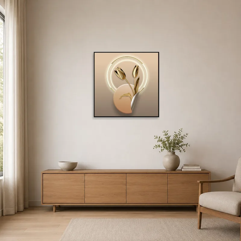 Golden tulips art enhances the simplicity of a minimalist space.