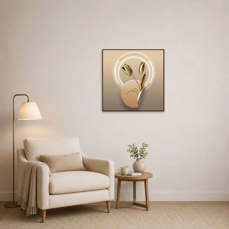 Golden tulips create a serene ambiance in a reading corner.
