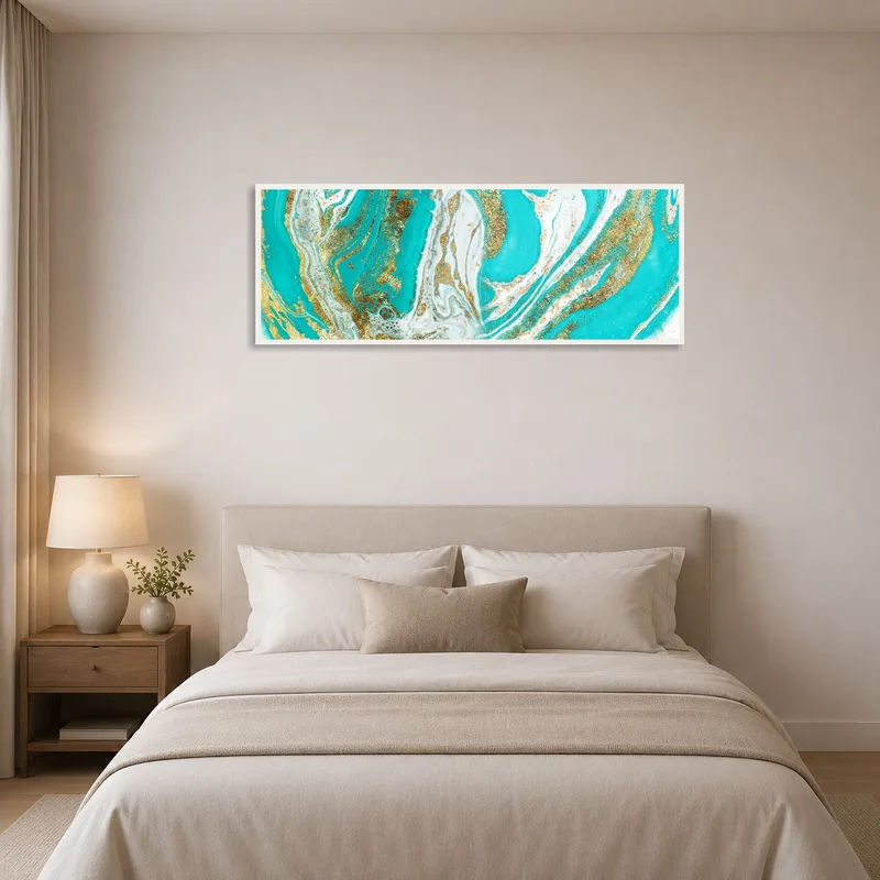 Golden turquoise marble artwork above a bed in a serene bedroom setting.
