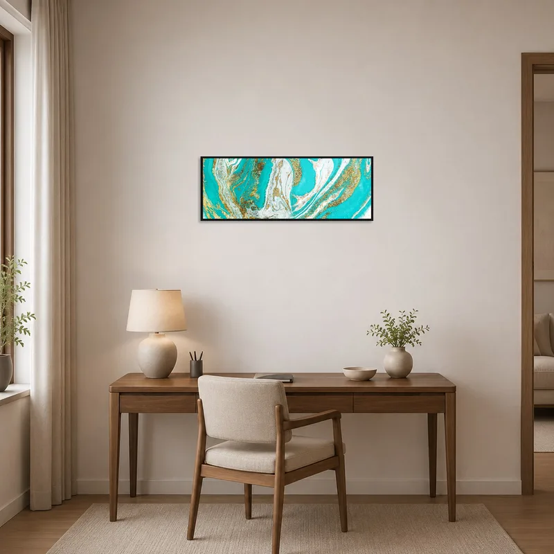 Golden turquoise marble art decorates a home office wall, complementing a work desk.