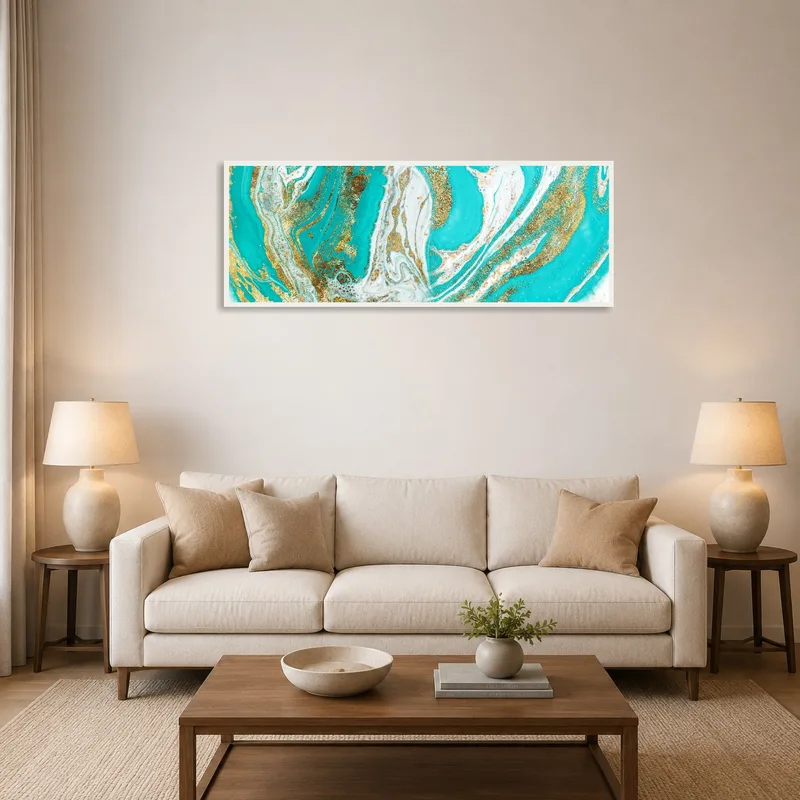 Golden turquoise marble abstract art on a living room wall beside a modern sofa.