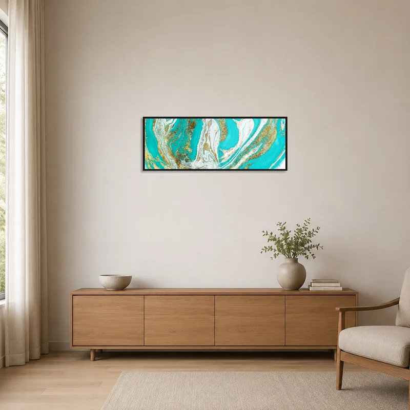 Golden turquoise marble artwork in a minimalist room with sleek furniture.