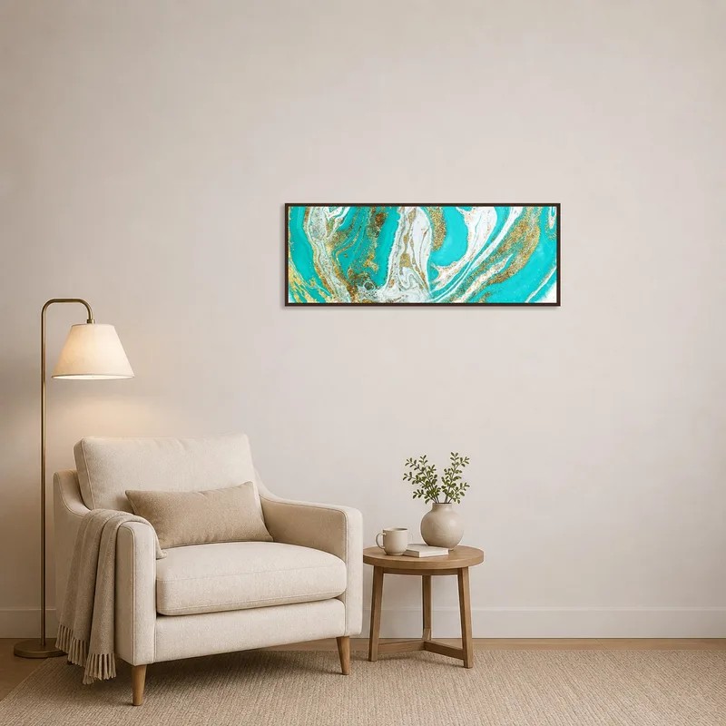 Golden turquoise marble art piece in a cozy reading corner with a comfortable chair.