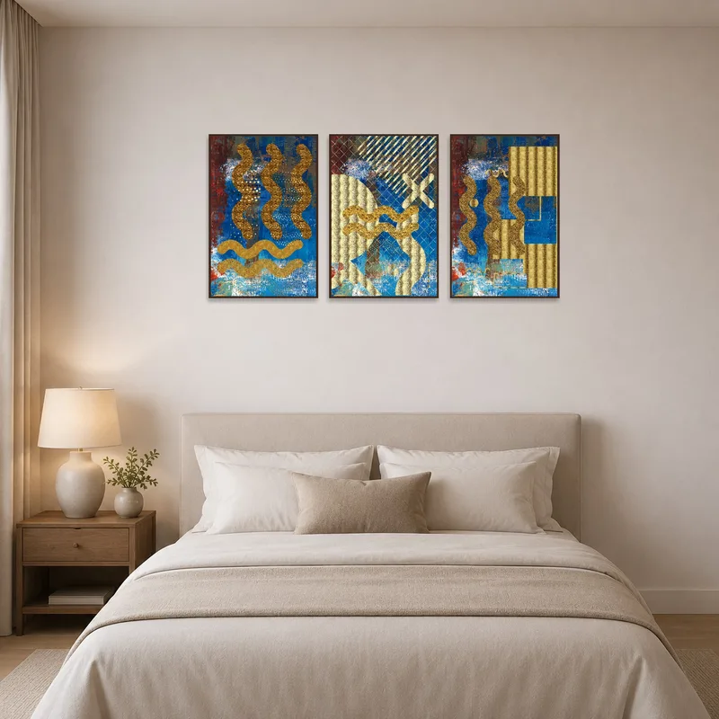 Golden Waves abstract triptych adds warmth and style above the bed in a serene bedroom setting.