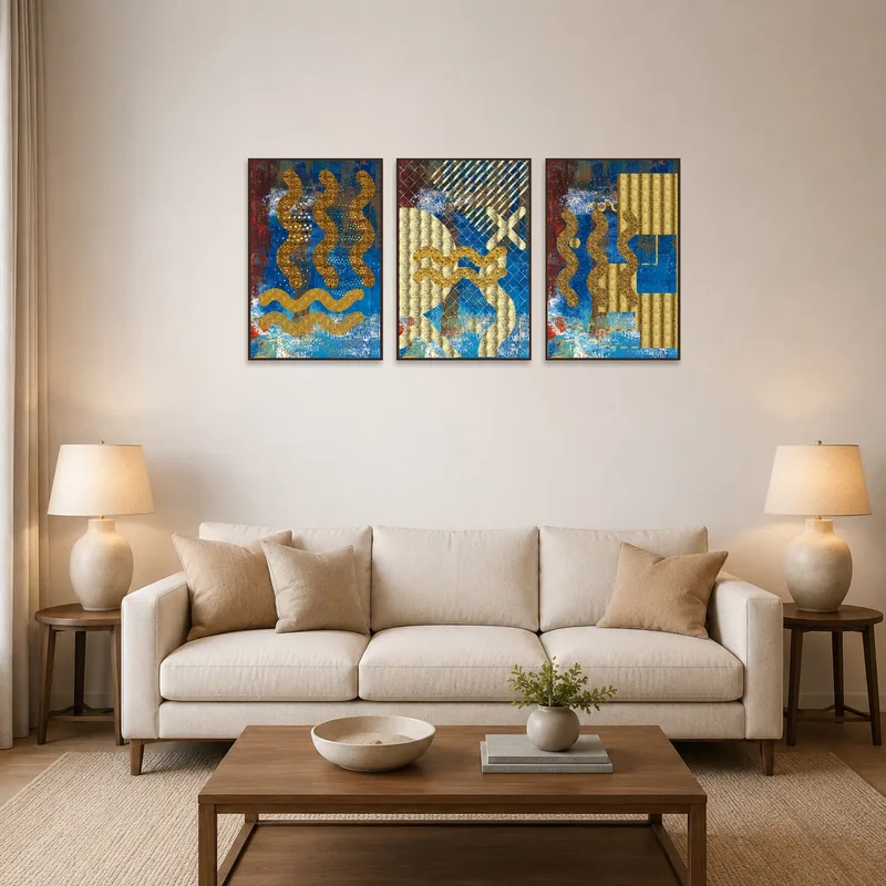 Golden Waves abstract triptych adorns a living room wall, adding elegance to the seating area.