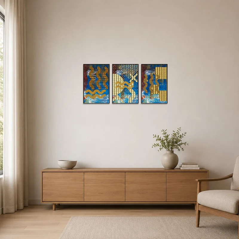 Golden Waves abstract triptych complements the minimalist room with its sleek lines and muted tones.