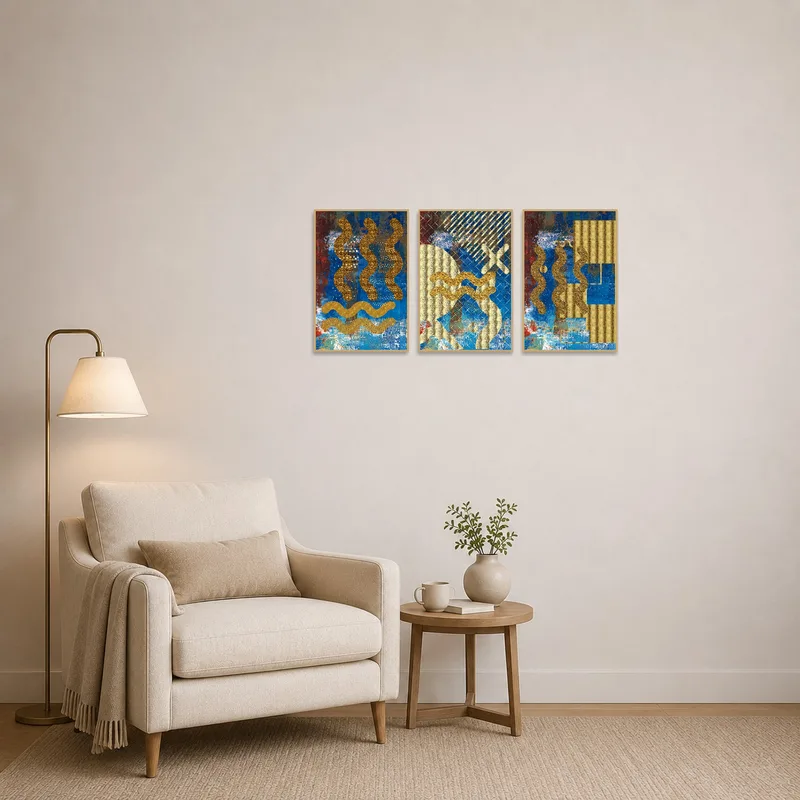 Golden Waves abstract triptych enhances the reading corner, infusing it with subtle energy.