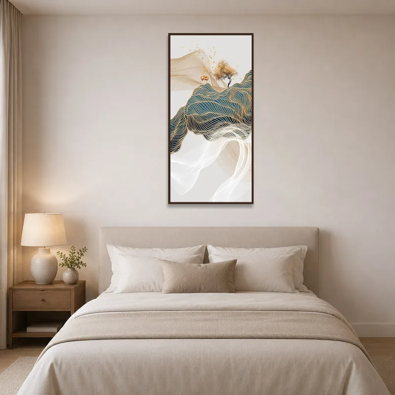 Bedroom wall displaying Golden Waves with tree and deer, adding a touch of nature.
