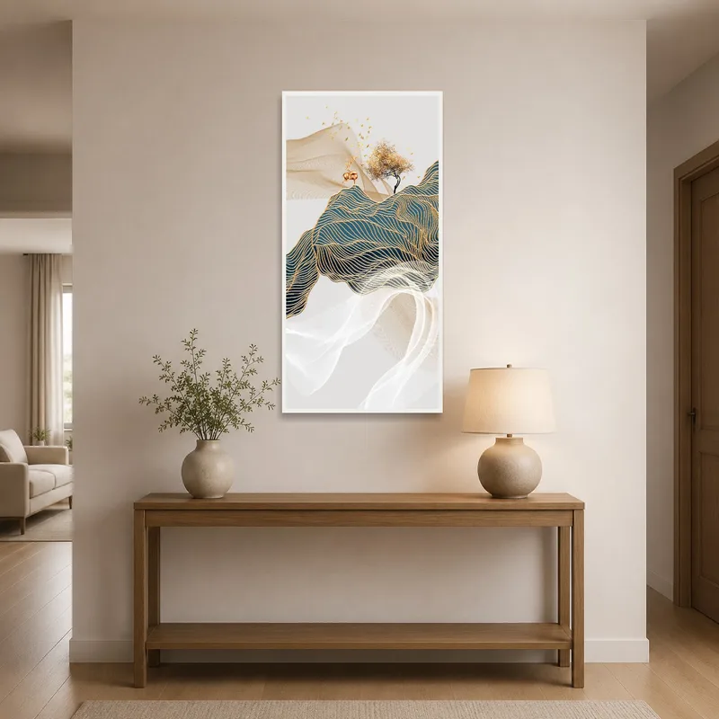 Golden Waves artwork with tree and deer adorns the entrance hall for a warm welcome.