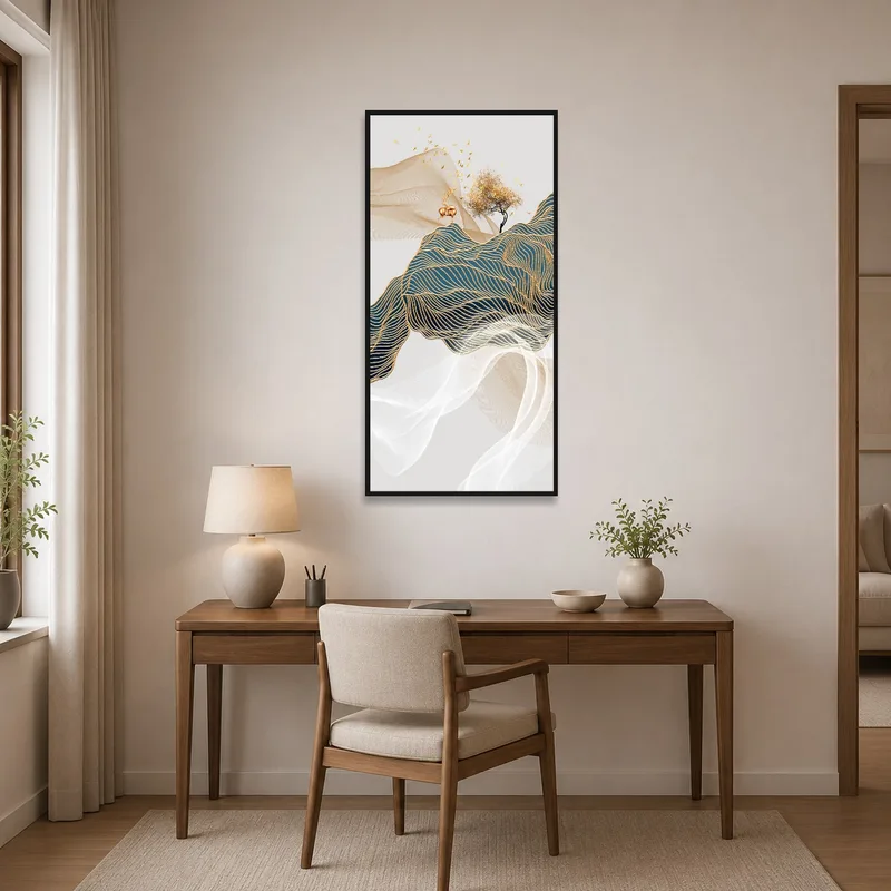 Home office energized by Golden Waves art, depicting a tree and deer for inspiration.