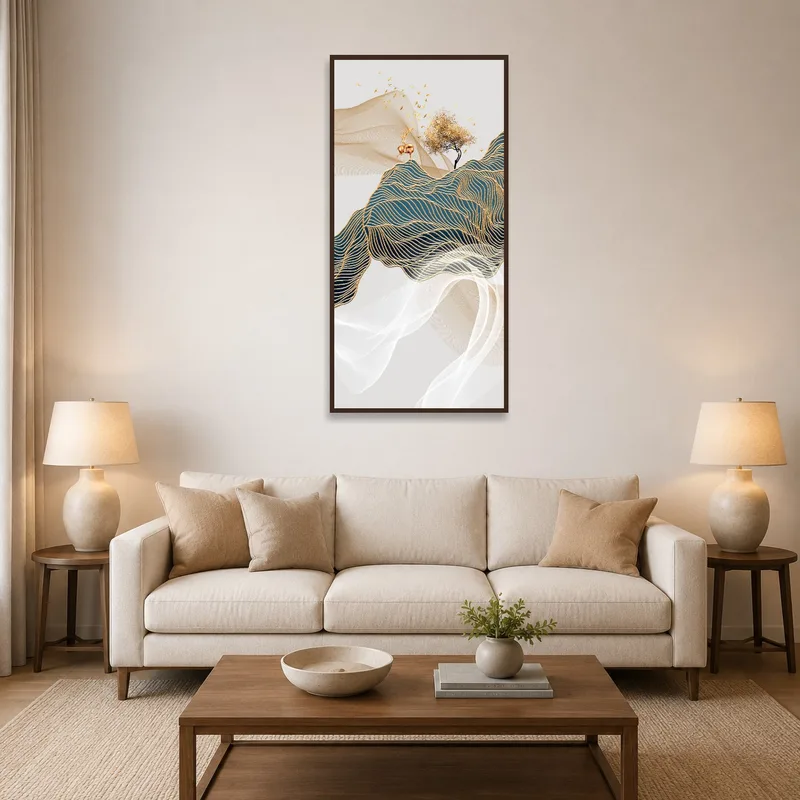 Golden Waves artwork with tree and deer hung above a modern sofa in the living room.