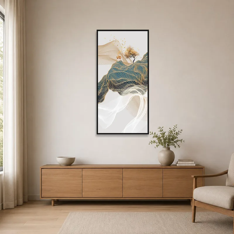 Minimalist room showcasing Golden Waves piece with subtle tree and deer elements.