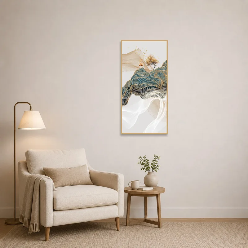 Reading corner enhanced by Golden Waves design featuring serene tree and deer imagery.
