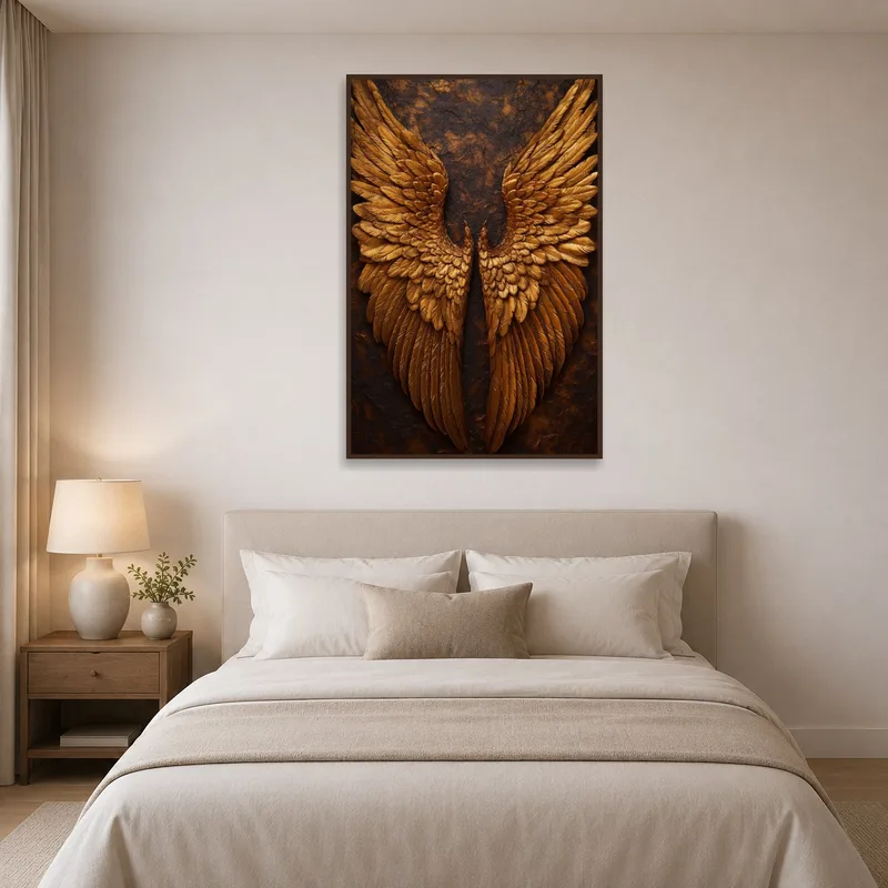 The Golden Wings print creates a serene vibe in the bedroom, blending with soft linen and pale colors.