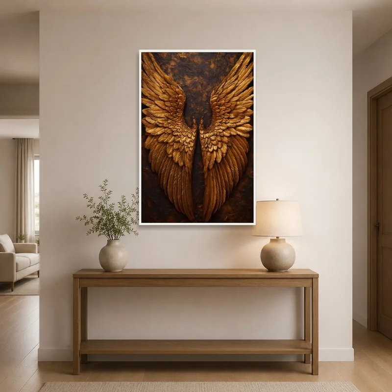 In the entrance hall, the Golden Wings print offers a welcoming golden glow to greet guests.